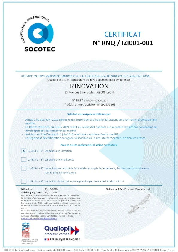 Certificat Qualiopi Socotec IZIPest